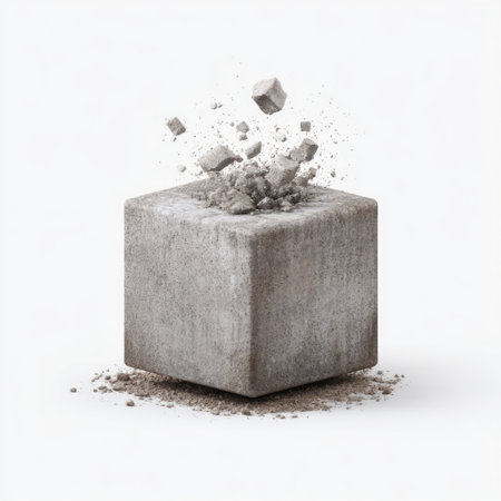 A striking image of a concrete cube shattering into fragments, revealing a raw texture. Ideal for use in architectural designs or artistic representations.の素材
