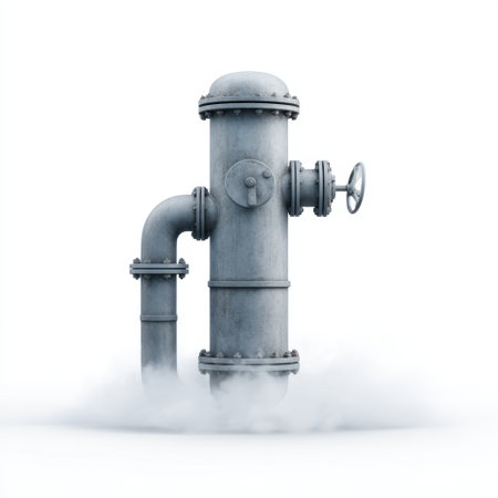 A detailed image of an industrial water pipe with a metallic texture, set in mist against a white backdrop, perfect for engineering, construction, and utility designs.の素材