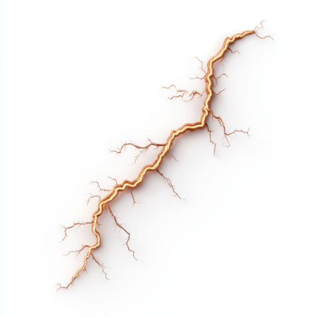 This abstract illustration features a dynamic representation of a lightning bolt with intricate branches and glowing effects on a clean white background.の素材
