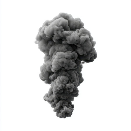 Mesmerizing dark smoke cloud floats against a pure white background, perfect for creative projects or visual storytelling. Emphasizes artistic expression and dramatic aesthetics.の素材