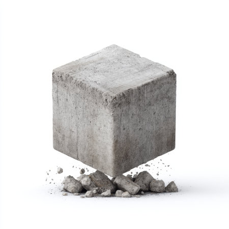 This striking image features a concrete block appearing to float above a surface, surrounded by dust and debris, emphasizing its raw texture and minimalist design.の素材