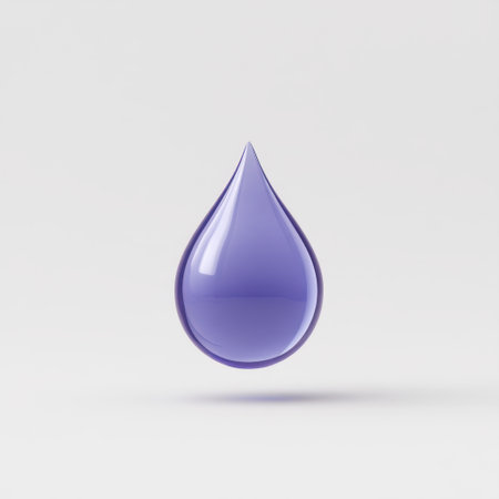 This image features a single droplet of transparent purple liquid suspended in mid-air against a clean, minimalist background. Ideal for various creative projects.の素材