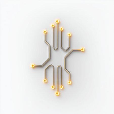 This abstract circuit design features luminous nodes and sleek lines on a light background, representing the essence of technology and digital innovation for modern applications.の素材