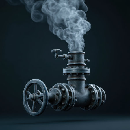 Vintage industrial valve emits steam against a dark backdrop, highlighting intricate machinery design. Ideal for projects focusing on engineering and mechanical technology.の素材