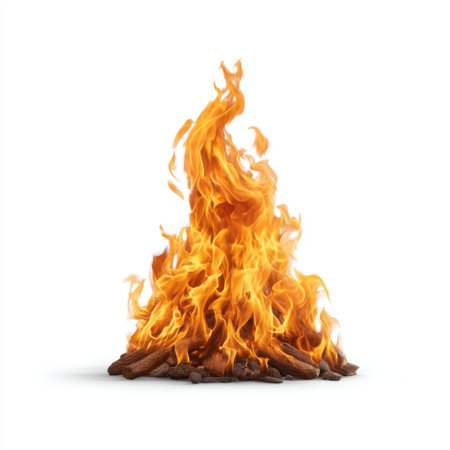 A vivid display of dancing flames rises from a sturdy pile of logs, showcasing the vibrant energy and warmth of an outdoor fire. Perfect for evoking nature's beauty.の素材