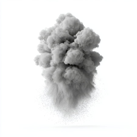 This image features a dramatic gray smoke cloud billowing from the ground against a white background, ideal for creative projects, artistic expressions, and graphic designs.の素材