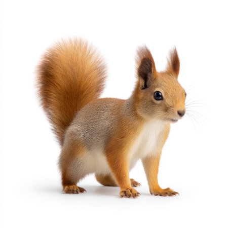 This charming image features a red squirrel standing gracefully on its hind legs, showcasing its fluffy tail and bright eyes, perfect for wildlife enthusiasts.の素材