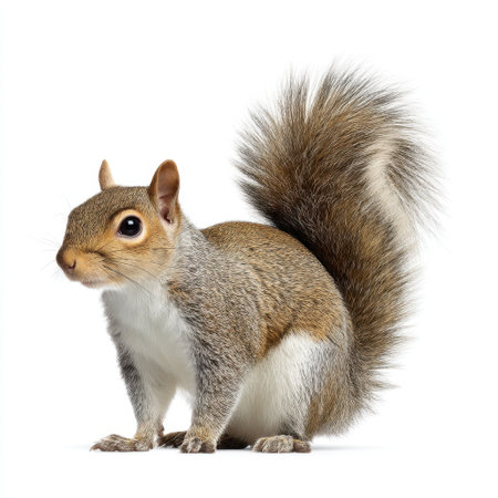 A charming and adorable squirrel stands in a playful pose, showcasing its bushy tail and soft fur. This detailed image captures its vibrant personality in a natural setting.の素材