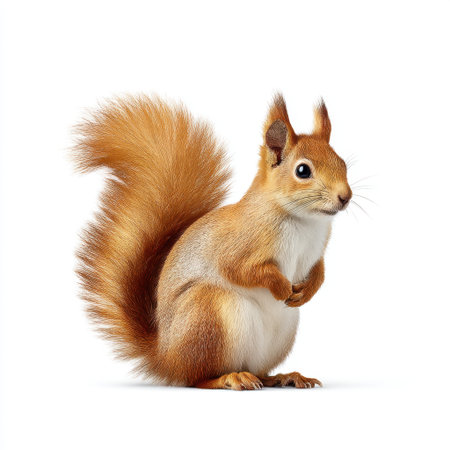 A cute squirrel sits upright with its fluffy tail curling behind. This charming animal embodies playfulness and curiosity, perfect for nature-themed projects.の素材