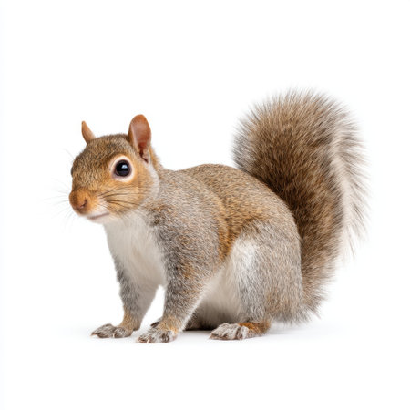 Adorable squirrel posed elegantly with a fluffy tail and an inquisitive look against a white backdrop, showcasing its lively character and natural beauty in wildlife photography.の素材