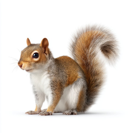 This image showcases a charming gray squirrel sitting gracefully on a white background. Its fluffy tail and expressive features capture the beauty and curiosity of wildlife.の素材