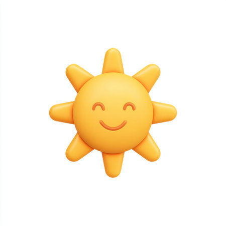 This bright and cheerful sun emoji features a smiling face with radiant rays, capturing joy and warmth, ideal for summer themes and uplifting digital expressions.の素材