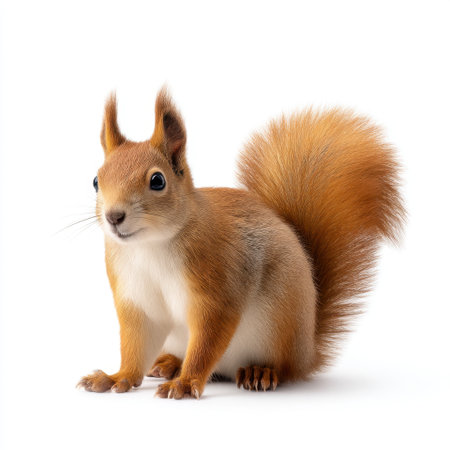 This captivating image features an adorable brown squirrel with a fluffy tail sitting on a clean white background, showcasing the charm and innocence of wildlife.の素材