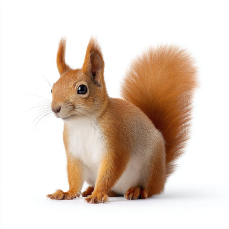 This delightful image captures a charming squirrel in a playful pose, showcasing its vibrant fur and curious expression against a pristine background.の素材