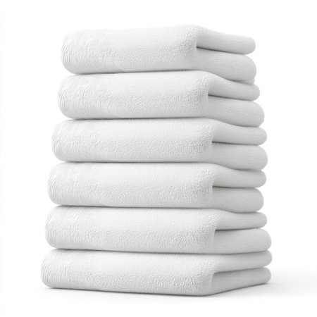 This image features a neatly stacked arrangement of soft white towels, perfect for enhancing spa, hotel, or bathroom aesthetics. Ideal for various design projects.の素材