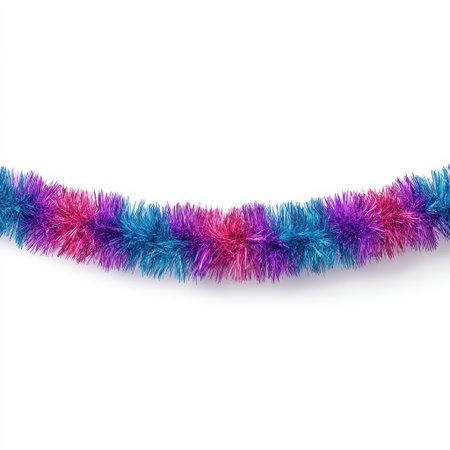 Vibrant tinsel garland featuring shades of pink, purple, and blue, perfect for uplifting party atmospheres and transforming spaces into festive settings.の素材