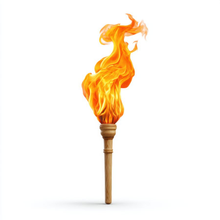 Capture the essence of warmth and celebration with this realistic flaming torch featuring vibrant orange flames and a smooth wooden handle, perfect for events.の素材