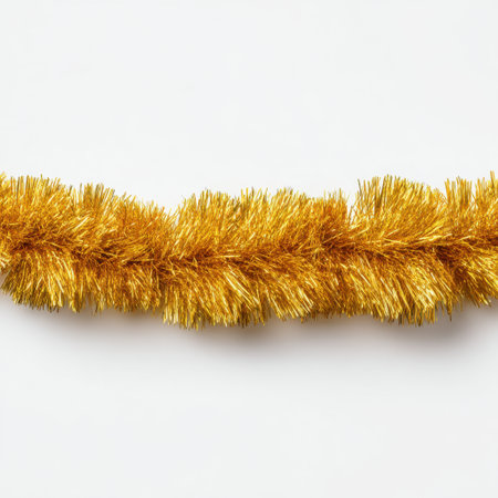 Golden tinsel adds a shiny touch to any festive setting. Perfect for holiday decorations, Christmas trees, New Year celebrations, and vibrant party themes.の素材