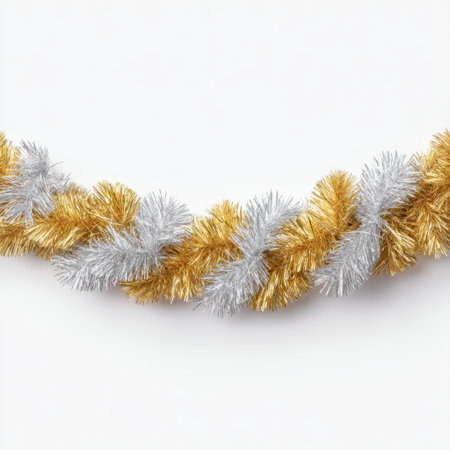 This elegant gold and silver tinsel garland adds a sparkling touch to any holiday decor. Perfect for festive celebrations, it enhances any indoor or outdoor space.の素材