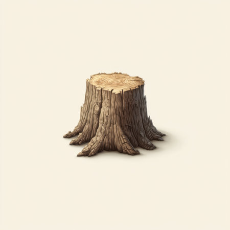 This artistic representation of a tree stump features intricate bark textures and growth rings, perfect for themes related to nature, growth, and sustainability.の素材