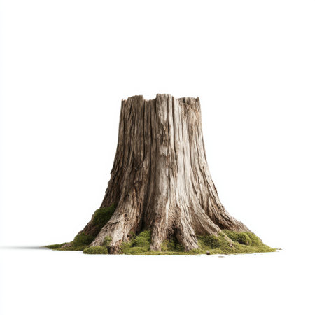 A tall and textured tree stump adorned with vibrant green moss rests against a pure white background, representing the natural cycle of growth and decay in nature.の素材