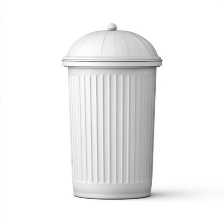 A minimalist white trash can with a unique pleated design and a secure lid, perfect for maintaining cleanliness in any modern space, whether at home or the office.の素材