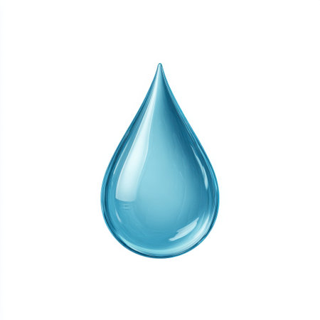 A vibrant blue water droplet sits gracefully on a white background, representing purity, tranquility, and freshness. Ideal for hydration and wellness themes.の素材