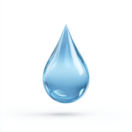 This image captures a single clear water drop on a pristine white background, symbolizing freshness and purity, suitable for various creative and professional uses.の素材
