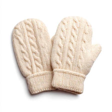 These cozy cream-colored mittens feature a beautiful cable knit design, perfect for keeping hands warm during cold winter months or as a thoughtful gift.の素材