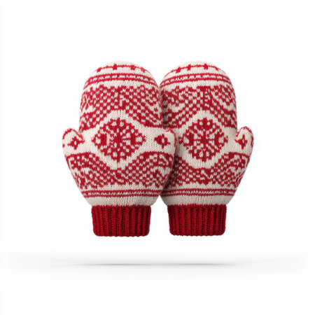 This image showcases a pair of cozy red and white mittens featuring an intricate winter pattern, perfect for capturing the essence of cold weather fashion and warmth.の素材