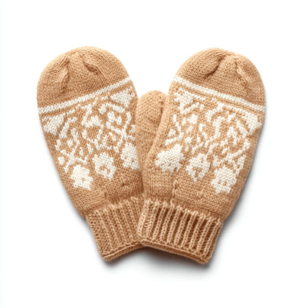 Discover these cozy knitted mittens featuring intricate floral patterns in warm beige and white, ideal for winter outings or as a thoughtful handmade gift.の素材