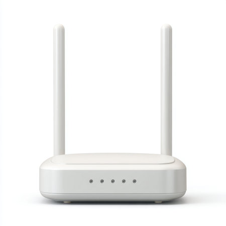 A modern wireless router featuring dual antennas and LED indicators, designed for optimal internet connectivity in homes and offices while ensuring a sleek and efficient appearance.の素材