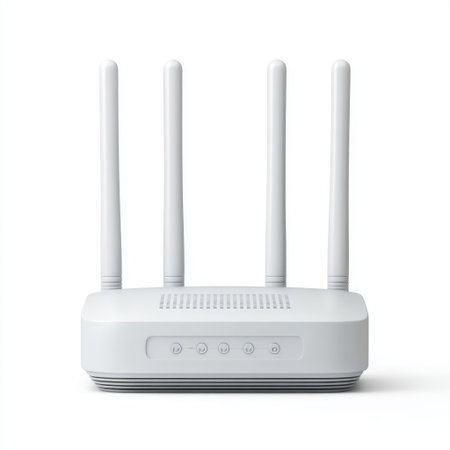 This image features a modern wireless router with multiple antennas, ideal for enhancing high-speed internet connectivity in various workspaces or home environments.の素材