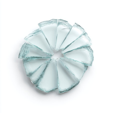 A captivating arrangement of shattered glass pieces forms a unique circular pattern against a pure white background, perfect for artistic projects and visual concepts.の素材