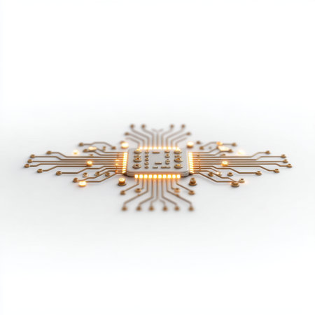 This image showcases a detailed close-up of a modern electronic circuit board with copper traces glowing softly, highlighting the intricate design and innovation in technology.の素材