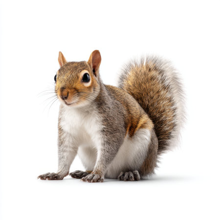 This delightful image features a cute squirrel with a fluffy tail, showcasing its vibrant fur and expressive features in a captivating studio setting.の素材