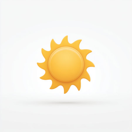 A vibrant yellow sun icon with radiating rays symbolizes warmth and happiness, perfect for representing summer fun or sunny days in artistic designs.の素材