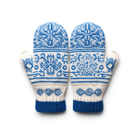 Discover these stylish winter mittens featuring a beautiful blue and white snowflake pattern. Ideal for outdoor activities, they ensure warmth and comfort.の素材