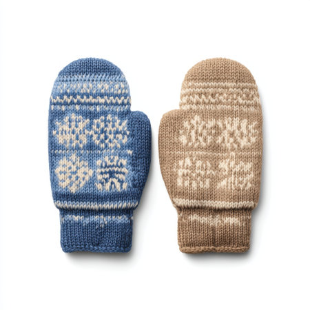 Unique handmade knitted mittens in blue and beige with beautiful snowflake patterns, ideal for staying warm and stylish during winter activities and holidays.の素材