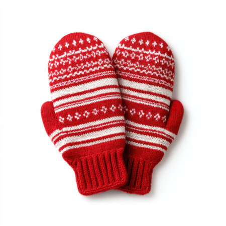 A pair of cozy red mittens featuring white stripes and playful patterns, perfect for keeping hands warm in cold weather. Ideal for winter activities and gifts.の素材