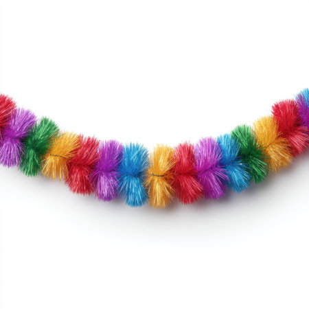 A vibrant display of colorful pom poms arranged in a rainbow format creates an ideal accessory for various creative projects and playful decorations. Perfect for DIY.の素材