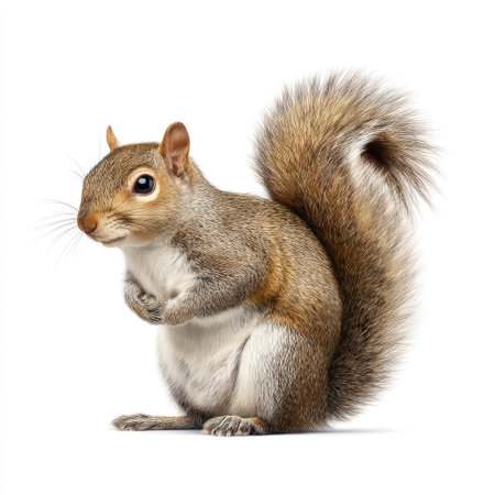 This charming image showcases a cute squirrel with a fluffy tail and bright eyes, standing upright and displaying its lively nature, perfect for nature and wildlife enthusiasts.の素材