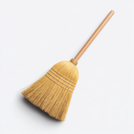 A classic straw broom with a wooden handle showcased on a white background. Ideal for cleaning, organizing, and enhancing rustic home decor aesthetics.の素材