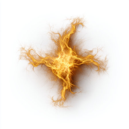 This striking abstract image illustrates vibrant energy with glowing strands radiating from a central core. The dynamic visual effect captivates with its brightness and texture.の素材