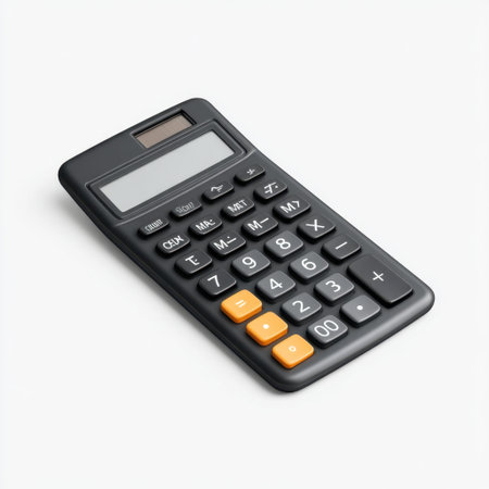 A sleek black calculator with a large display and vibrant orange buttons, ideal for number crunching and financial tasks in an office or educational setting.の素材