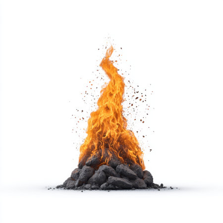 A striking display of vibrant flames rising from a rocky base, symbolizing energy and transformation. The image captures the dynamic movement of fire in a dramatic setting.の素材