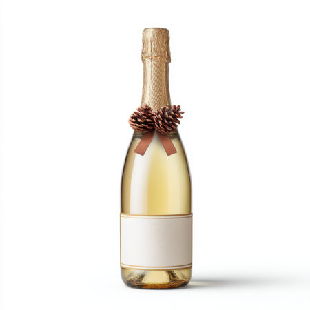 This elegant champagne bottle is adorned with decorative pinecones and a ribbon, perfect for festive celebrations, special occasions, and holiday gatherings.の素材