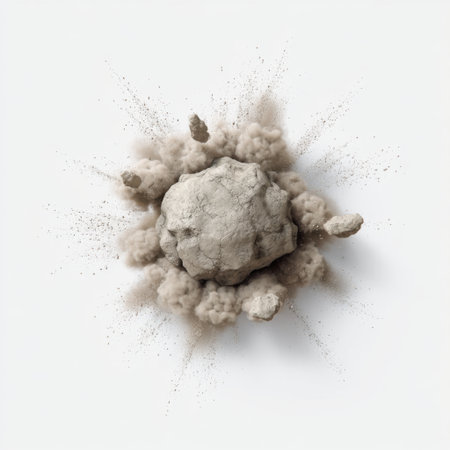Captivating image of a rock fragment creating an explosion with dust and smoke against a white background, perfect for representing chaos and power in visual projects.の素材