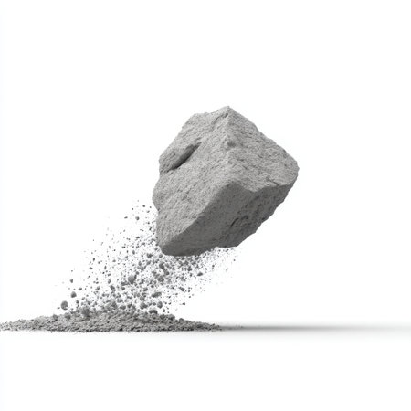 A textured gray concrete rock hovers over a cloud of dust against a clean white backdrop, capturing dynamic motion and adding an artistic touch to various creative projects.の素材