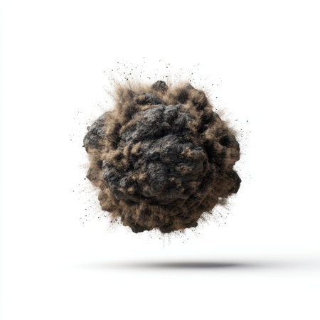 A rocky sphere surrounded by swirling dust particles floats in a white backdrop, illustrating the interplay of natural elements with abstract minimalism.の素材